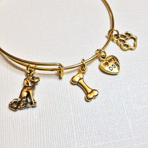 Dog Pet Theme Gold Stainless Steel Adjustable Bangle, Gift for Her, Mother, Girlfriend, Sister, Friend, Cousin, Charm Bracelet, Bone, Paw
