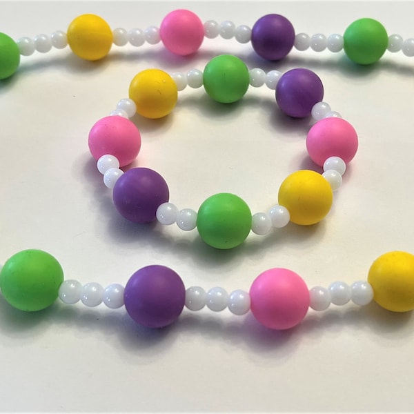 Little Girl's Soft Silicone Pastel Beaded Necklace, Bracelet Optional, Toddler Jewelry, Stretch Necklace, Gift for Her, Daughter, Baby Girl