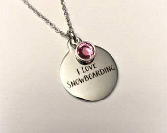 I Love Snowboarding Pendant Necklace, Snow Sports, Gift for Her, Gift for Him, Sports Jewelry, Snowboard Charm