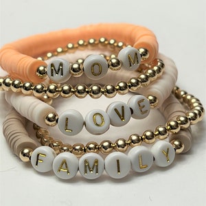 14KGF Custom Mom Heishi Stack Bracelets/Mother&#39;s Day Gift/Personalize Name Word Beaded Heishi/Women&#39;s Bracelets/Teen/Toddler