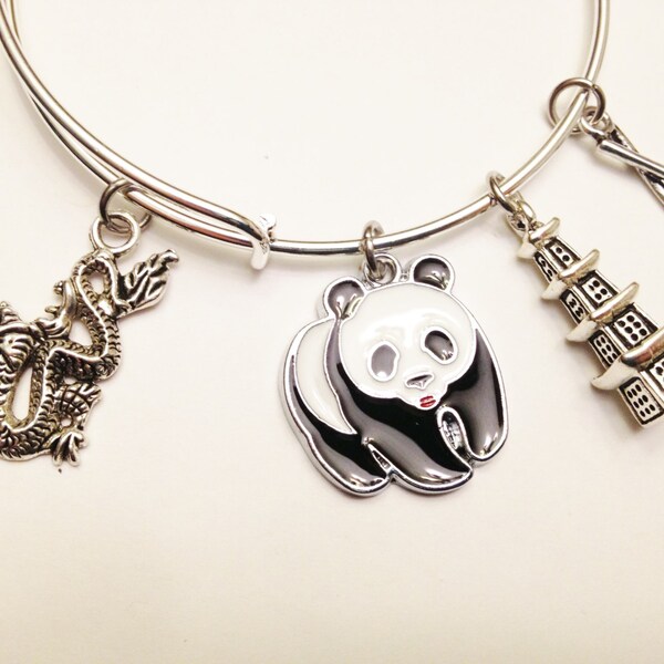 China Theme Expandable Stainless Steel Silver Bangle, Panda, Pagoda, Dragon, Chopsticks, Gift for Her, Chinese Charms, Asian