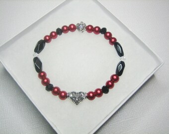 Valentine's Gift, Womens Bracelet, Marcasite Heart Stretch Bracelet, Gift for Her, Lover, Wife, Girlfriend, Mother,  Red, Black,  "Love"