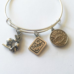 Fortune Teller Adjustable Stainless Steel Charm Bangle, Crystal Ball, Tarot Cards, Astrology, Horoscope, Zodiac, Spiritual, Gift for Her,