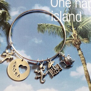 Aruba Beach Charm Bangle, Stainless Steel, Tropical Island Vacation, Travel Jewelry