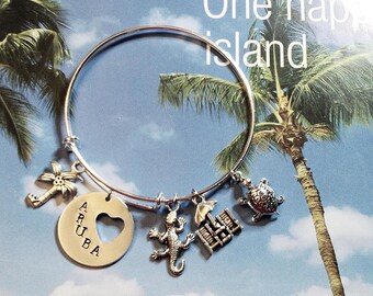 Aruba Beach Charm Bangle, Stainless Steel, Tropical Island Vacation, Travel Jewelry