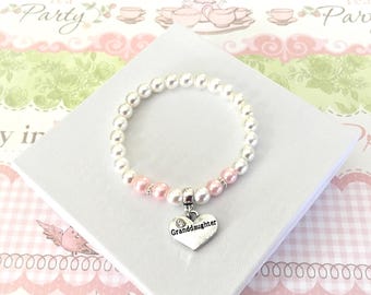 Granddaughter Charm Bracelet, Pink & White Faux Pearls, Little Girl Jewelry