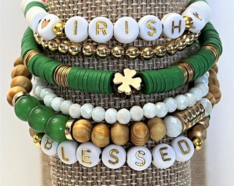 Irish Heishi Beaded Stack Bracelets, St Patrick's Day Gold & Green
