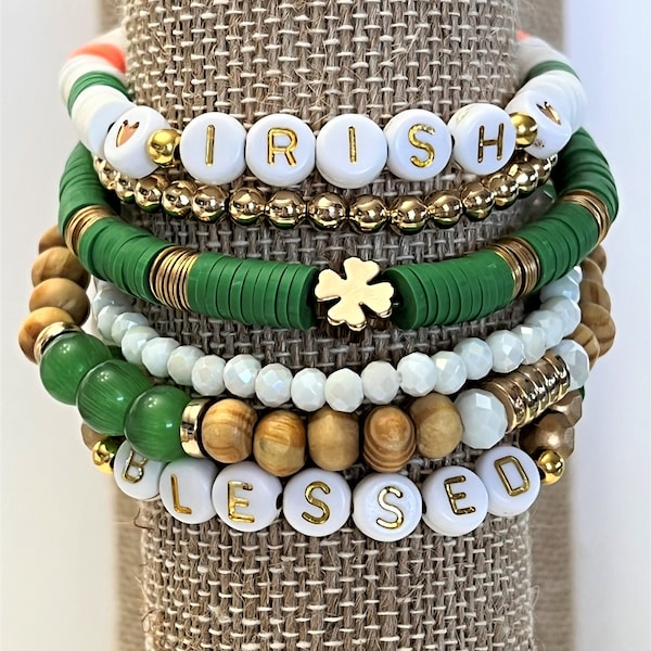 Irish Heishi Beaded Stack Bracelets/Gold/Green/Custom Word Bracelet/Womens Heishi Beaded Bracelet/St. Patrick Day Gift for Her