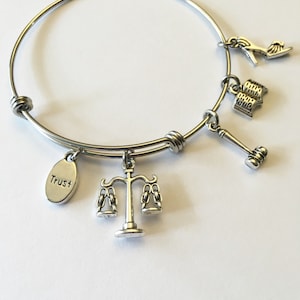 Lawyer Stainless Steel Adjustable Charm Bangle, Women&#39;s Charm Bracelet, Law Charms, Attorney, Law Student, Graduate, Judge, Gift for Her