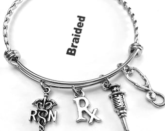 Medical Charm Bangle, RN, Stethoscope, Syringe, RX Charms, PA