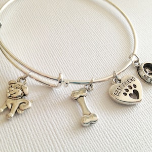 Dog Theme Adjustable Stainless Steel Charm Bangle, Dog, Bone, Best Friend Charm, Paw Print, Gift for Her, Cyber Monday, Memorial for Pet