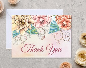 Thank you card PRINTABLE Digital download folded Floral wedding elegant Card Bridal shower Thank You card Flowers bouquet Romantic Boho Rose