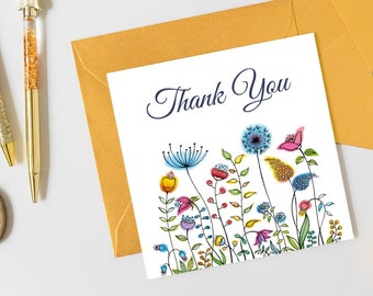 Thank you card printable template, Wildflower Instant digital download Wedding card, Baby Bridal Shower thank you floral card DIY print