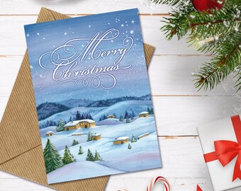 Digital Holiday Card, Christmas Greeting Card Printable, Merry Christmas Card, Watercolor Snowy Winter Landscape Print, Happy Holidays Card