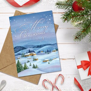 Digital Holiday Card, Christmas Greeting Card Printable, Merry Christmas Card, Watercolor Snowy Winter Landscape Print, Happy Holidays Card
