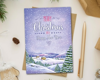 May include: A purple and white Christmas card with a snowy winter scene and the text "Merry Christmas and a Happy New Year".