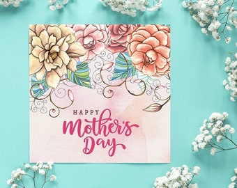 Happy mothers day PRINTABLE card, Instant Download PDF mom floral greeting card Template, Watercolor flowers DIY print for Mom Wife
