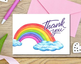 Printable Thank you card, Cute rainbow clouds Flat & folded Thank You card, Instant digital download Greeting card, Baby shower card