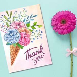 Merci carte IMPRIMABLE Douche nuptiale Merci carte Téléchargement instantané plié Mariage floral Carte de voeux Bouquet de fleurs Fête de la crème glacée