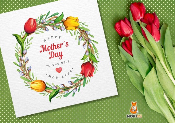 Happy mother's day PRINTABLE CARD, Digital Download PDF Mothers Day Greeting Card Template, Watercolor tulips floral wreath, Card for Mom