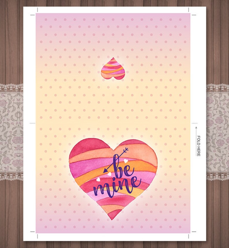 Printable Valentines Day Digital Card, Valentines Day Greeting Card, Be mine DIY Love Card, Anniversary Card, Colorful Hand Painted Heart, image 2