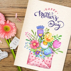 Biglietto stampabile per la festa della mamma felice, modello di biglietto d'auguri floreale per il download digitale 5x7, stampa biglietto fai da te per la mamma Busta bouquet di fiori carini