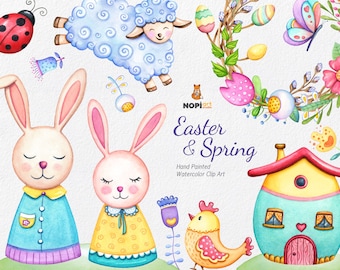 Könnte beinhalten: Aquarell-Clipart mit Ostern- und Frühlingsmotiven. Enthält Illustrationen von Hasen, einem Schaf, einem Marienkäfer, einem Kranz, einem Haus und einem Küken. Der Text "Easter & Spring" ist ebenfalls enthalten.