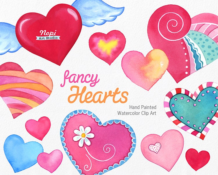 Valentines Day Clipart Watercolor Hearts, PNG Love Romantic Clipart, Hand Painted Red Pink Heart, Fancy DIY Design Elements Digital download