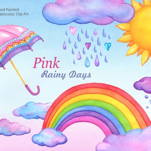 Watercolor Weather Clipart, Clouds Rainbow Sun Umbrella, Autumn Winter Rain, Raindrops, Hand Painted Clipart, DIY Scrapbook Digital elements