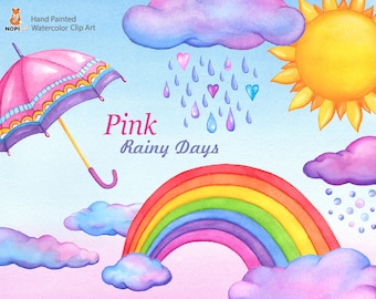 Watercolor Weather Clipart, Clouds Rainbow Sun Umbrella, Autumn Winter Rain, Raindrops, Hand Painted Clipart, DIY Scrapbook Digital elements