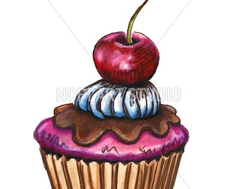 Cupcake Art Decor, Watercolor Food Printable Art, Digital Instant Download, Cherry Cupcake Painting, Kitchen Decor, Birthday Sweets Wall Art