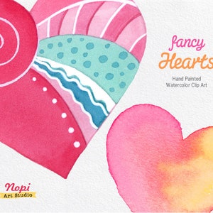 May include: Two watercolor hearts, one with a pink, blue, and green geometric pattern and the other with a pink and orange gradient. The text "fancy Hearts" is written in orange above the hearts. The text "Hand Painted Watercolor Clip Art" is written below the hearts. The text "Nopi Art Studio" is written in the bottom left corner.