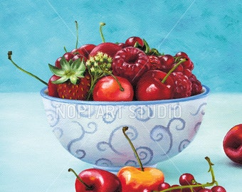 Afdrukbare keuken Art Print Decor Moederdag Digitale Download Aardbeien Kersen Olieverfschilderij Zomerfruit Stilleven Art Home Wall Art
