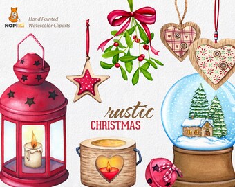 Christmas Clipart Watercolor Ornaments, Rustic Wooden Xmas Tree Toys, Snow Globe Lantern Candle Star Heart Mistletoe Bunch Jingle Bell Cozy