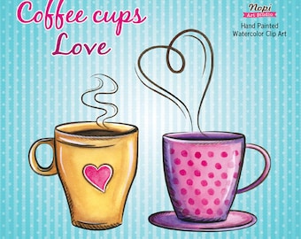 Valentine Love Clipart, Coffee Cup Watercolor Clipart Instant Download, Retro Hand Drawn Party Invitation Scrapbooking DIY Hot Coffee Decor