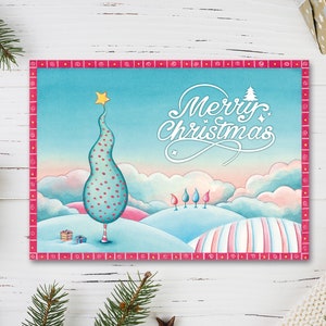 Cartolina di Natale stampabile, cartolina di Natale digitale, cartolina di buon Natale, cartolina di auguri, cartolina di Natale ad acquerello, albero di Natale con paesaggio invernale