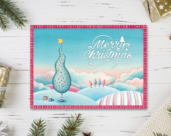 Christmas Card Printable, Digital Christmas Card, Merry Christmas Card, Holiday Card, Watercolor Christmas Card, Winter Landscape Xmas Tree
