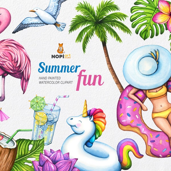 Summer Watercolor Clipart, Girl Tropical flowers Leaf Coconut Flamingo Palm tree Summer Planner Beach Unicorn Travel Vacation Hat Pool float