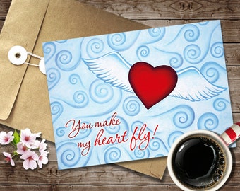 Valentine's Day Card Print, Romantic Love Card, Digital Instant Download,5x7 Valentine Love Card Printable, Red Flying Heart Greeting Card