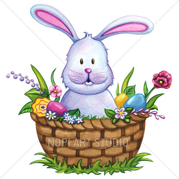Easter Watercolor Clipart bunny Rabbit Easter basket Eggs | Etsy