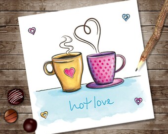 Hot love Valentines day card, Retro Card Coffee Cups, Anniversary Card Printable Digital Instant Download, DIY Card Love Invitation Print