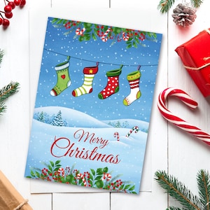Christmas Card INSTANT DOWNLOAD Merry Christmas Printable Holiday Greeting Card, Christmas Stockings Winter Landscape, Happy Holidays Card