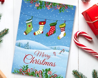Christmas Card INSTANT DOWNLOAD Merry Christmas Printable Holiday Greeting Card, Christmas Stockings Winter Landscape, Happy Holidays Card