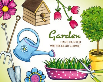 Spring Watercolor Garden Clip Art Set, Scrapbook Hand Painted Clipart, Flower DIY Gardening Tools, Colorful Birdhouse Flower Tree Elements