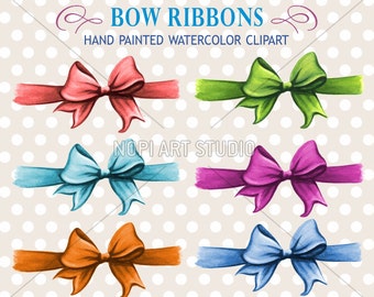 Bows Clip Art Set, Gift Bow Clipart, Ribbon Bow Clip Art, PNG Birthday Bow Clipart, Scrapbooking DIY, Hand Painted Colorful Watercolor Bows