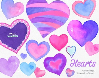 Valentine's Day Clipart, Hearts Watercolor Clipart, Heart Elements Hand Painted Pink Purple Heart, Wedding Love Romantic, DIY Scrapbooking