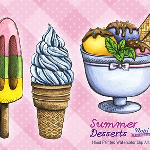 Watercolor Ice Cream Clipart, Sweets Clipart, Summer Desserts, Ice Cream Cone, Party Invitation, PNG Paper Crafts Scrapbook, Ice Cream Scoop image 1