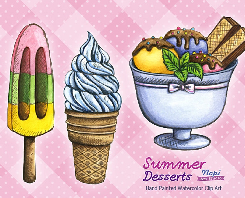 Watercolor Ice Cream Clipart, Sweets Clipart, Summer Desserts, Ice Cream Cone, Party Invitation, PNG Paper Crafts Scrapbook, Ice Cream Scoop image 1