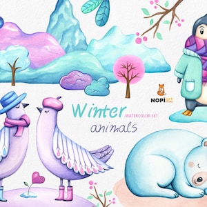 Christmas Clipart, Watercolor Winter Arctic Animals Holiday Set Polar Bear Bird Penguin Trees Mountains, Nursery Decor Baby-shower Party PNG