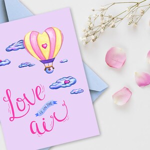 Cartão de Dia dos Namorados para impressão para ela, download digital fofo e instantâneo Cartão de Dia dos Namorados para impressão amor Balão de ar quente O amor está no ar